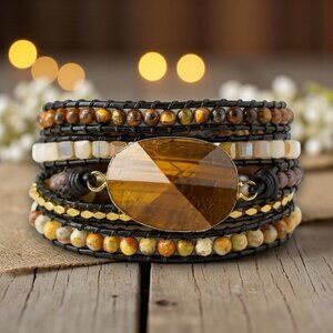 Boho Chic Tiger's Eye 5-Wrap Trendy Bracelet – Adjustable & Handmade 🌟